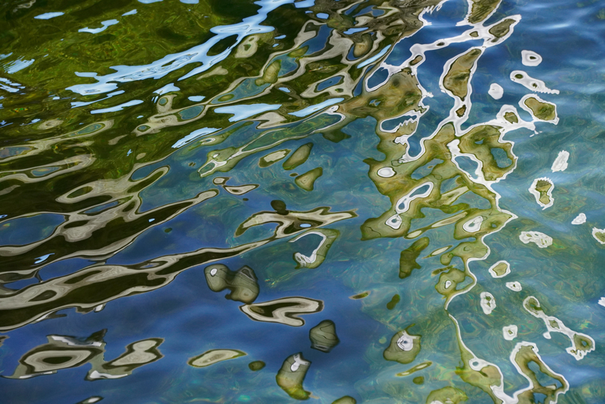 Green, silver and blue water reflections - Photography by Allison Maltese